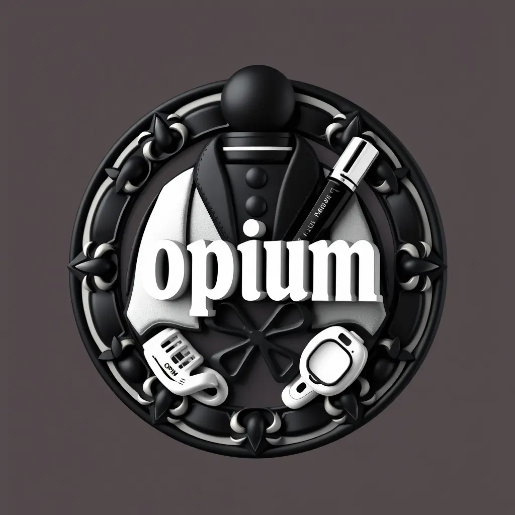 Generate a detailed  logo in 3d for a company named 'opium'  in the retail field. The logo should prominently feature Opium clothes and prohibited items which uses black and white palette.