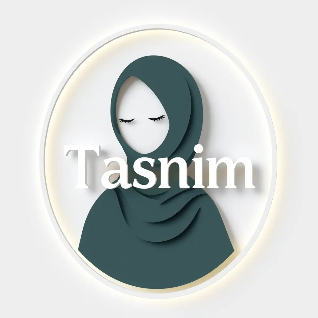 Generate a minimalistic logo in 3d for a company named 'Tasnim' in the retail field. The logo should prominently feature Islamic and Women and Hijab .