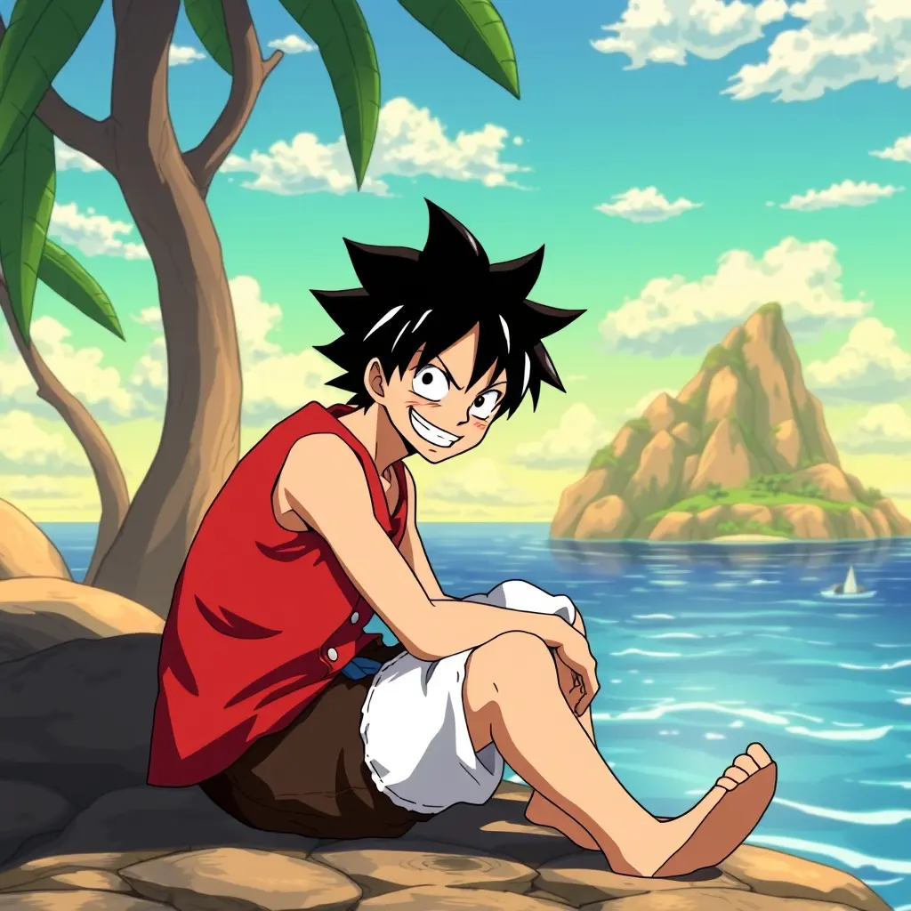 صورة الانمي لوفي جالس مع الانمي دراغمبول مع خلفية جزيرة الانمي