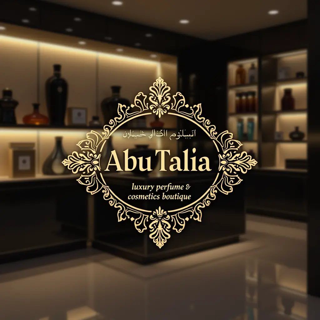 صورة شعار أبو تاليا، بوتيك فاخر للعطور ومستحضرات التجميل. يُضفي التصميم لمسةً من الأناقة والرقي، مع لمسات ذهبية ونقوش سوداء متقنة مستوحاة من زخارف الشرق الأوسط. يتميز التصميم بأسلوب طباعة أنيق وعصري، باستخدام خط أبو تاليا النصي ليُضفي لمسةً من التراث والتقاليد. تتميز الخلفية بإضاءة ناعمة ودافئة في تصميم داخلي فخم للمتجر، يعرض زجاجات وعبوات عالية الجودة. يجب أن يكون الأسلوب العام عبارة عن رسم رقمي بلمسة من الزخرفة والفخامة، مُجسدًا جوهر الفخامة والرقي.
