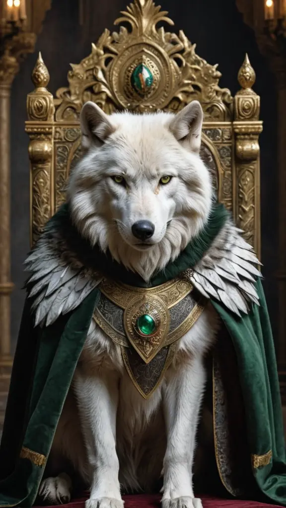 تصميم ذئب أبيض قوي لون عينيه اورق يجلس علي عرش الملك ويضع علي رأسه تاج الملك ويرتدي بدلة. اريد تفاصيل القوة والفخامة والابداع في لباس الذئب وخلفية الصورة في قاعة فاخرة للغاية وملامح وجه الذئب تظهر القوة والغضب اريد تأثيرات داكنة للصورة لتصلح كلوحة جدار ملامح وجه الذئب تعطي انطباع بشري الالوان العامة داكنة