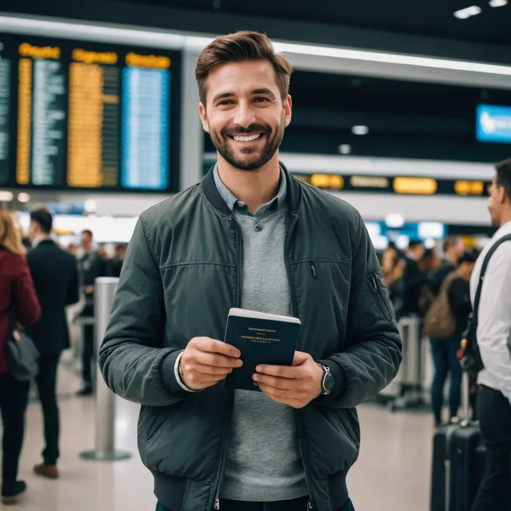 تخيل رجلاً يقف في مطار، يمسك بجواز سفره بيده، وهو يستعد للسفر. حوله تفاصيل تدل على الحركة والحماس، مثل لوحة الرحلات التي تظهر الطائرات المغادرة والوصول، وأضواء المطار اللامعة. يمكن أن يكون الرجل يرتدي ملابس مريحة ويبدو على وجهه الابتسامة والتفاؤل بمغامرته القاد