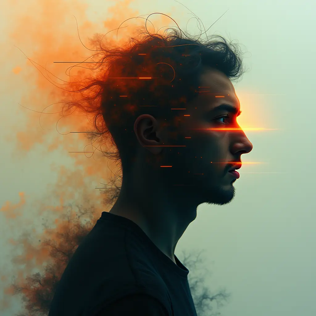 - استخدام عناصر تجريدية وغامضة لتمثيل المشاعر المكبوتة والأفكار غير المعبَّر عنها لرجل .
- خطوط متداخلة ومتشابكة للإيحاء بالارتباك والتعقيد الداخلي.
- ألوان مترددة وغير محددة لإضفاء جو من الضبابية والغموض.
- تقسيم المساحة التصميمية إلى قسمين متباينين: جزء منظم ومتوازن، وجزء مضطرب وعشوائي.
- استخدام تدرجات لونية دافئة في الجزء المنظم لتمثيل الإدراك والوعي.
- استخدام ألوان باردة وعناصر مشتتة في الجزء المضطرب لتمثيل الإرهاق والتشتت.
- خلق تباين قوي بين العناصر الهندسية والعناصر العضوية.
- استخدام خطوط متداخلة وتأثيرات ضبابية لإبراز الشعور بعدم الاتزان.
- إدخال عناصر شبه شفافة أو بنصف شفافية لإضفاء جو من اللامادية والغموض.