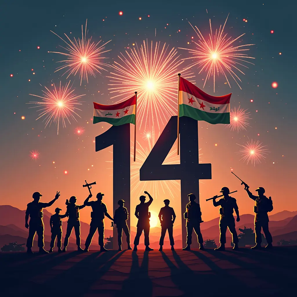 تصوير مشهد احتفالي يعكس اليوم انتصار 14 اكتوبر اليمني مع معالم الحرب ثلاثة أشرطة أفقية متساوية باللون الأحمر والأبيض والأسود لعلم التحرير العربي مع مثلث أزرق سماوي يتوسطه نجمة حمراء مائلة مثل الجنود علي خط برليف وريات يمنيه مثل، يظهر أشخاص يحتفلون، يرتدون الأزياء اليمنيه الحربيه – الأسلحه النارية تضيء السماء الرقم '14 وكلمه اكتوبر و رقم 1963م' يندمج اسفل رقم 14 اكتوبر  بشكل إبداعي في التصميم، محاط برموز يمنيه الحربيه مثل الاسلحه عن وعناطيم الماء والدببابت تراثية المشهد يعبر عن الفخر والنصر بطريقة مرحة وديناميكية

