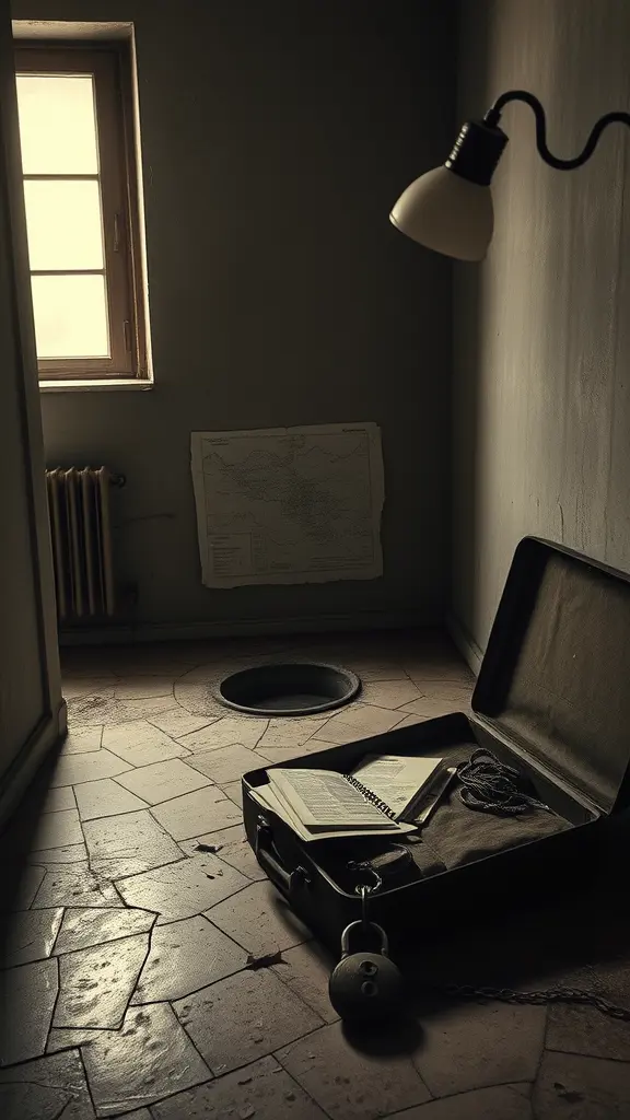شقة مهجورة في حي قديم، مع إضاءة خافتة تشع من نافذة ضيقة تعكس ضوءًا خفيفًا على أرضية متشققة. في منتصف الغرفة، تظهر حفرة صغيرة غير منتظمة الحواف، تغطيها ألواح خشبية قديمة . على الحائط نرى لوحة ممزقة متصلة بدبوس عليها خريطة ورقية لمواقع متعددة.
حقيبة سفر مرمية في زاوية المشهد، مفتوحة جزئيًا لتكشف عن دفاتر ملاحظات وبعض الأوراق النقدية.
على الأرض، يظهر قفل قديم مفتوح بجوار سلسلة مفاتيح متشابكة.
في الزاوية البعيدة، مصباح يتأرجح بخفة، كما لو كان شخص ما غادر المكان على عجل.
أجواء الصورة:
يغلب على الصورة ألوان الرمادي والبني الداكن، مع تسرب ضوء أصفر باهت من النافذة، مما يخلق جوًا من الغموض والرهبة.
غبار معلق في الهواء، يعكس شعورًا بأن هذا المكان يحمل أسرارًا دفينة لم يكشف عنها منذ فترة طويلة.