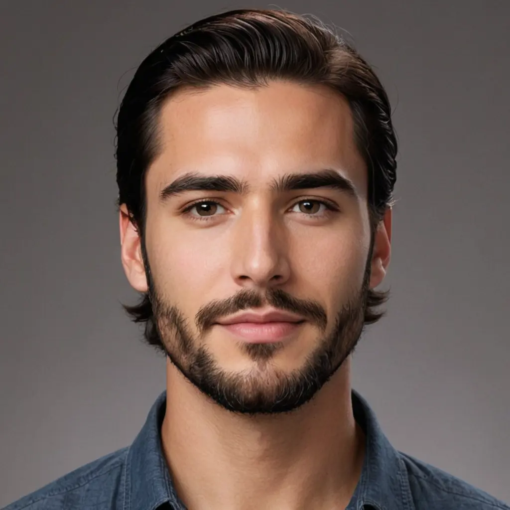 Draw a picture of a man with these characteristics:
Skin color: white with a reddish tinge.
Hair: black, thick and wavy, reaching the earlobes or sometimes the shoulders.
Eyes: wide, very black, with long eyelashes.
Eyebrows: arched and thick, close together without connecting.
Nose: straight, with a slight hump in the middle.
Mouth: medium-sized, with slightly spaced front teeth.
Beard: thick, black with some white hair in later life.
Height: medium to tall.
Build: strong and well-proportioned, broad-shouldered.