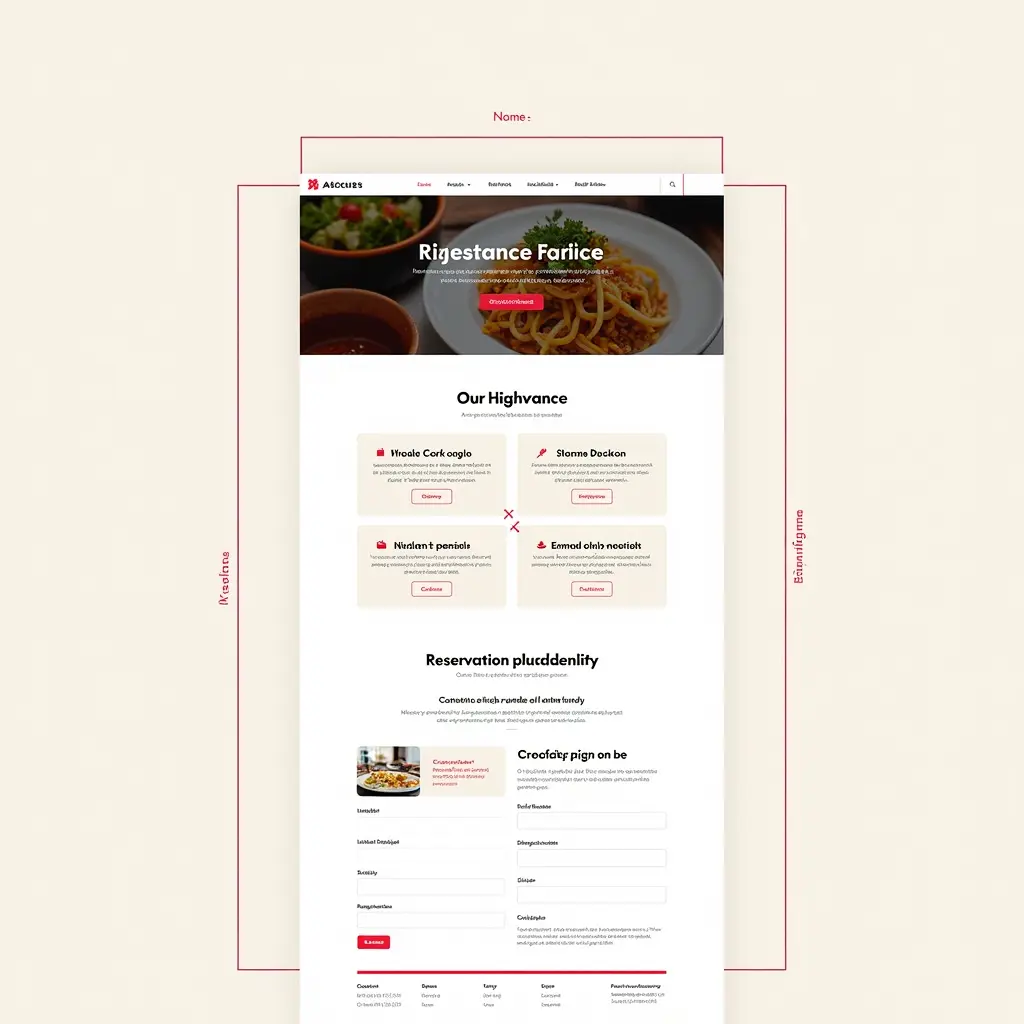 3. **الزونيج وتصميم الواجهات (Wireframe)**:
- **الصفحة الرئيسية**:
- رأس الصفحة: شعار المطعم وأزرار التنقل (الرئيسية، القائمة، الحجز، الاتصال).
- بانر مركزي: صورة ترحيبية للمطعم.
- قائمة مختصرة: أبرز الأطباق والعروض.
- قسم الحجز: نموذج سريع لإدخال عدد الضيوف والانتقال إلى صفحة الحجز.
- أسفل الصفحة: معلومات الاتصال وروابط وسائل التواصل الاجتماعي.