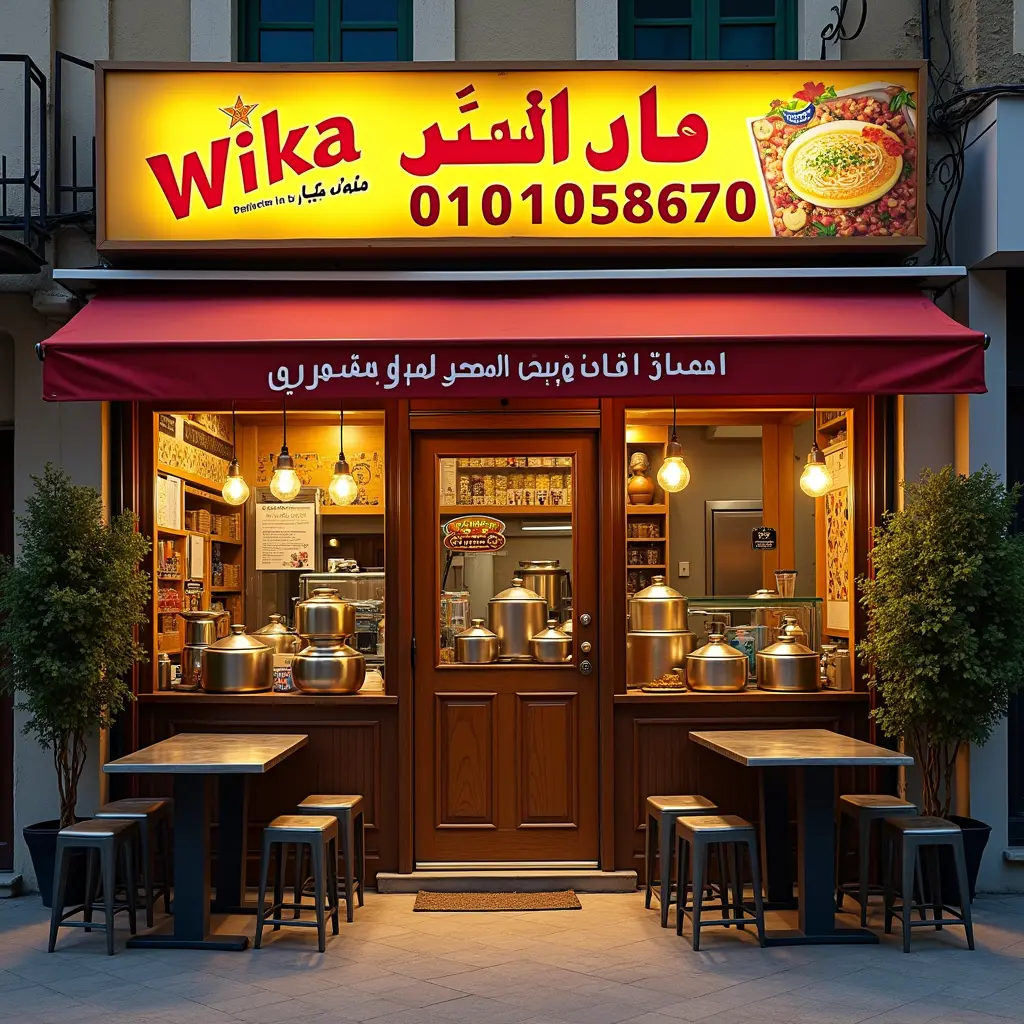 Create an image of a traditional Egyptian Koshary restaurant named 'Wika' (ويكا) with a simple and inviting look. The shop should have a bright sign displaying the name 'Wika' in Arabic (ويكا) and English, along with the phone number for delivery '01010058670' prominently featured on the sign or near the entrance. The restaurant should have an authentic Egyptian street food atmosphere, including details like a small counter with Koshary pots, metal tables and chairs outside, and a warm, welcoming lighting. The walls can feature typical Egyptian street art or hand-drawn posters. The colors should be vibrant, reflecting a lively Egyptian street scene