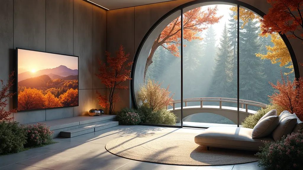 طراحی اتاق تماشای تلویزیون، سبک نئو کاسمیک ، رنگ طوسی و سفید و سورمه ای، طاق نما ، دیوار پر از گل و گیاه ، پنجره های بزرگ ، فصل پاییز ، درختان بلند ، حوضچه کوچک ، ارتفاع طبقات با پله با پل ، داخل یک دایره ، مبلمان داخل گودی طراحی شوند ، پله به سمت داخل گود