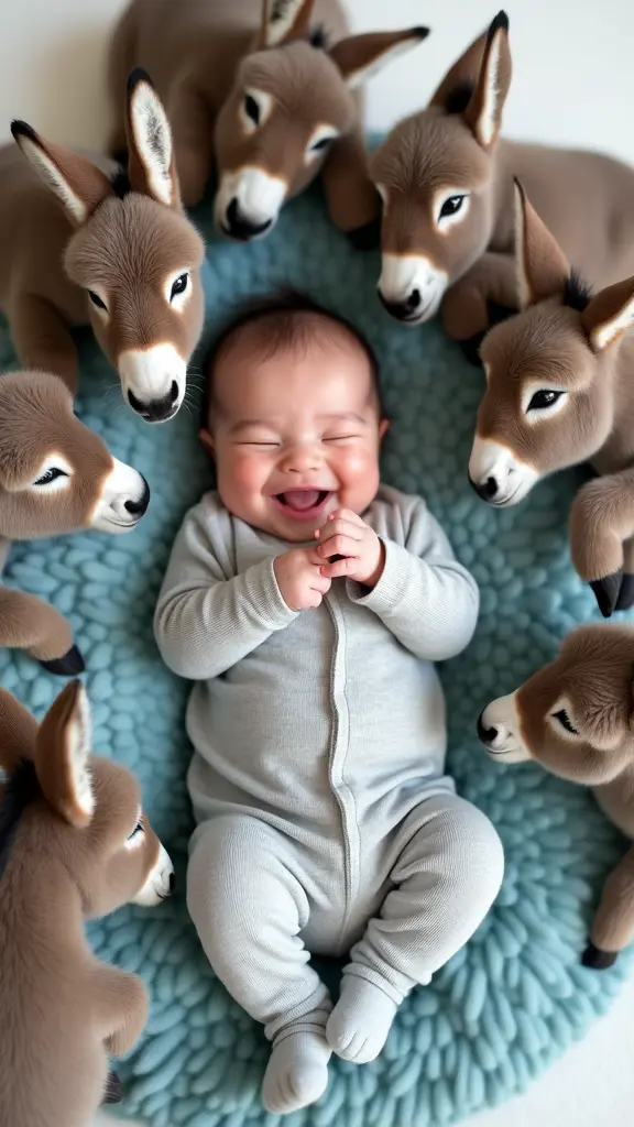 طفل رضيع يرتدي ملابس رمادي فاتحة، يستلقي على ظهره على بطانية سماوي ناعمة ودافئة. محاطاً بسبعة حمار صغيرة . باللون التقليدي مزيج من اللون الرمادي . الحمير تتفاعل مع الطفل بطرق لطيفة ومرحة؛ بعضها يحدق فيه بفضول، والبعض الآخر يلامس يده برفق، بينما البعض يستلقي بجانبه بسلام. الطفل يبتسم ابتسامة عريضة وسعيدة وعيناه مفتوحتان، مع خدود ممتلئة وردية. الصورة تم التقاطها من زاوية علوية، والحمير موزعة بشكل دائري حول رأس وجسم الطفل، مما يخلق إطاراً جذاباً حوله. الإضاءة ناعمة والخلفية بيضاء، مما يضفي على المشهد لمسة دافئة وحالمة وكأن الصورة معالجة بفلتر ناعم يجعلها تبدو كلوحة فنية