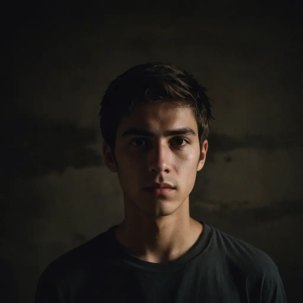 وصف صورة لشاب:
الشاب يقف في مكان مظلم، حيث يضيء على وجهه ضوء خافت يعبر عن الصراع الداخلي. نصف وجهه يظهر مشاعر الحزن والشقاء، مع نظرة مليئة بالانكسار والتعب، وكأنه ينساق وراء رغبات نفسه المدمرة. في الجانب الآخر من وجهه، تبدو ملامح هادئة ومسالمة، بعينين تعبران عن الأمل والرغبة في النجاة. خلفه، يظهر ظل مجسمين؛ أحدهما يسحبه نحو هاوية مظلمة، والآخر يرفع يده نحو السماء، وكأن الروح تسعى للحرية والخلاص. المشهد كله يوحي بالصراع بين النفس التي تسعى للهلاك والروح التي تبحث عن النجاة.