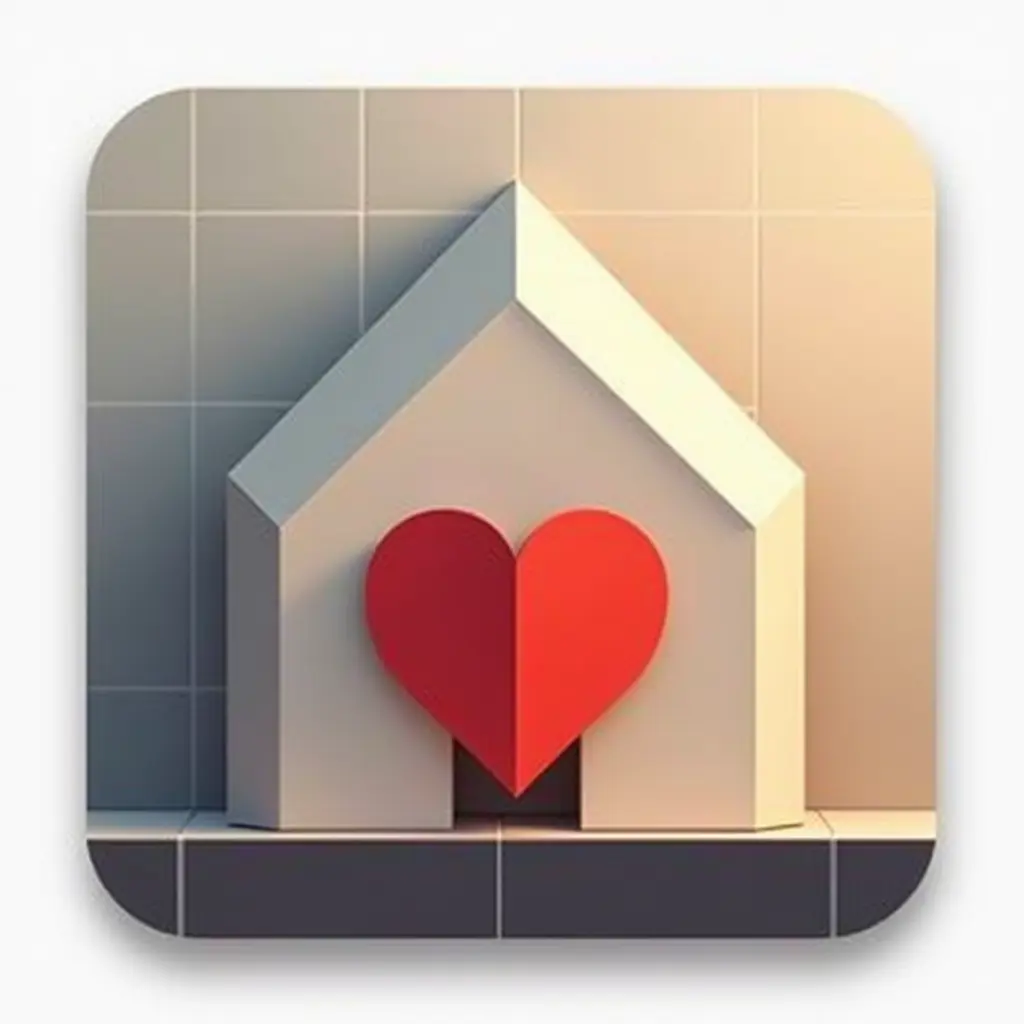 "Create a rectangular icon, 600x800 pixels, embodying architectural love and unity. Geometric house structure in #5F689F with integrated heart element in #F3A391. Use advanced architectural design principles: precise lines, minimal detailing, structural integrity. Background with subtle gradient suggesting depth and warmth. Heart subtly integrated into house structure, symbolizing emotional foundation. Implement professional design technique