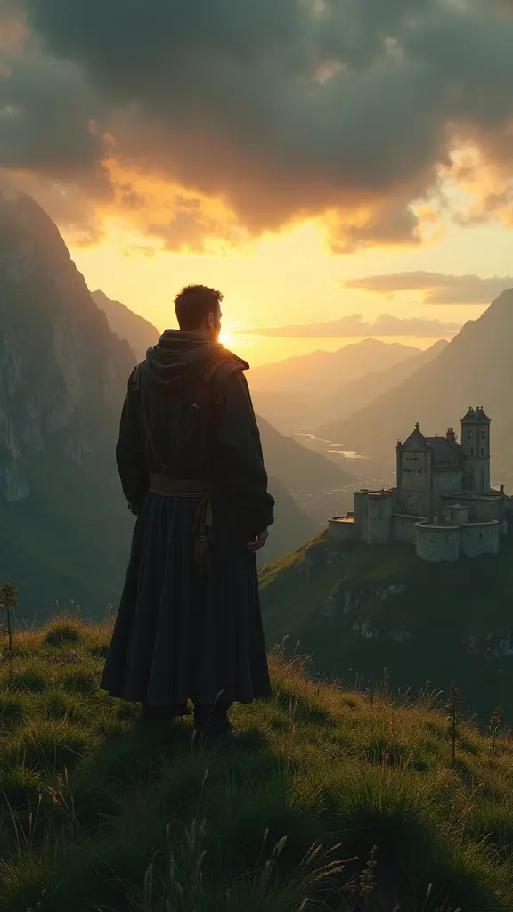 “A man whose back we see standing on a green high ground, under a sky full of dark clouds that suggest an oncoming storm. He wears a long, simple, torn coat dating back to ancient times. He looks from his place towards a distant mountain scene as the sun sets. Beneath the mountains, an ancient city appears, with a huge castle in the middle.” , with historic architectural details that add a sense of mystery and grandeur. The scene is bathed in warm sunlight glowing from the horizon, adding a dreamy touch to the realistic scene