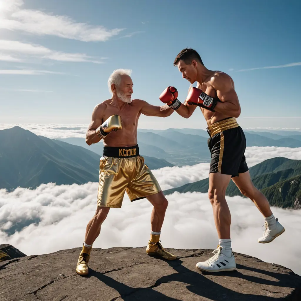 The place is above the clouds, at the top of the mountains.
It is written in glowing gold metallic font:
OLD MAN YEARS 60
KICK BOXING KING
There is a kickboxing ring, a big punching bag, and an old man, a kickboxing fighter, wearing giant gloves and kickboxing clothes, performing kickboxing moves, and holding a world kickboxing champion belt