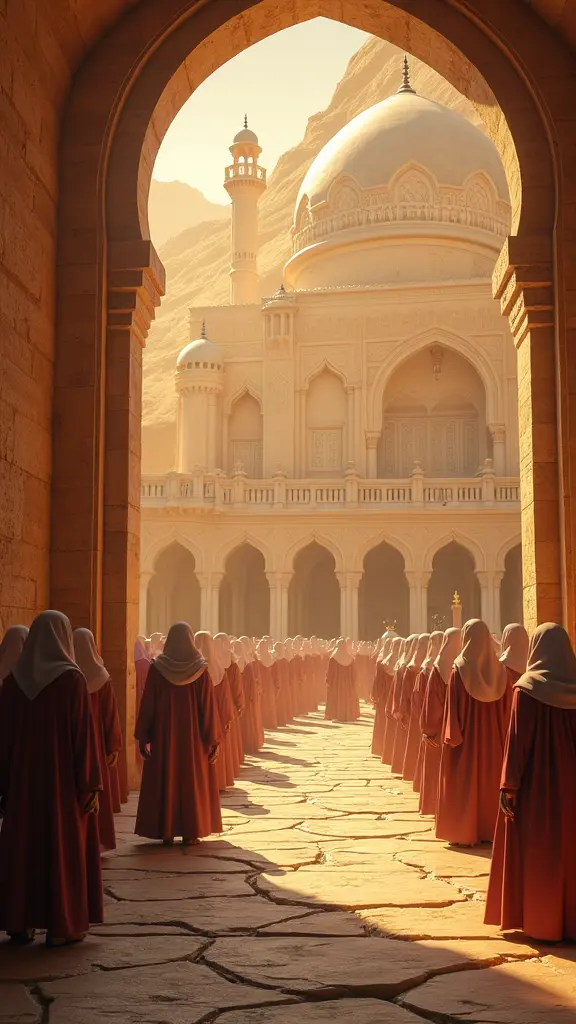 "صورة ثلاثية الأبعاد تُظهر مشهدًا يبرز بداية التاريخ الإسلامي، يتم تصوير الخلفاء الراشدين وتغطيه اوجاههم بنور وهم في مجلس الشورى، مع خلفية تظهر توسع الدولة الإسلامية وفتوحاتها الكبرى. في الجهة الخلفية، تظهر خريطة تُبرز حدود الدولة الإسلامية خلال الفتوحات المبكرة، مع مشاهد لفرسان الجيش الإسلامي. يتم تقديم المشهد بشكل واقعي ثلاثي الأبعاد، بألوان دافئة تظهر العظمة التاريخية للدولة الإسلامية المبكرة."