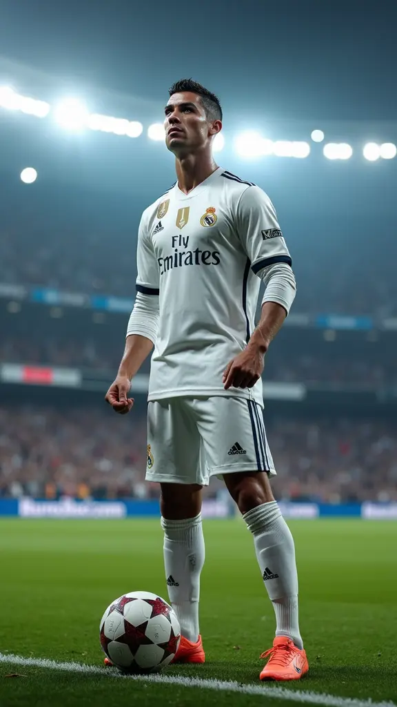 { "prompt": "A hyper-realistic 8K image of Cristiano Ronaldo wearing the Real Madrid kit, standing on the pitch of Santiago Bernabéu Stadium. The scene captures the vibrant atmosphere of the iconic stadium, with fans in the background, the bright floodlights illuminating the field, and Ronaldo confidently posing with a football at his feet, exuding strength and focus." }