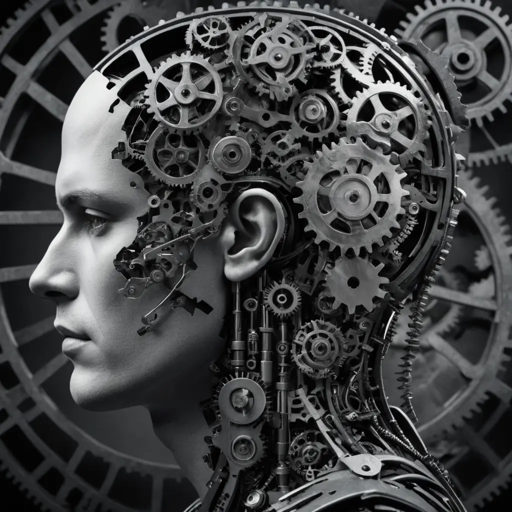 الصورة تحتوي على مزيج بين عناصر نفسية وجنائية. في الخلفية، هناك رأس إنسان مقسوم إلى نصفين، نصفه الأيمن يُظهر تفاصيل دماغ مليء بتروس وآليات تعبيراً عن التغيرات النفسية والتعقيدات العقلية، بينما نصفه الأيسر يحتوي على ظلال لشخص يرتدي ملابس جنائية (ربما قناع أو قبعة). هناك سلسلة من خطوط تربط بين النصفين، ما يوحي بأن الأمراض النفسية قد تؤثر على الدوافع الإجرامية.