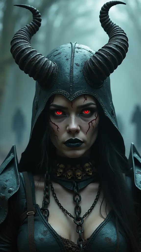 امرأة مرعبة ترتدي خوذة داكنة مصنوعة من المعدن الأسود، مع قرون ملتوية حادة تبدو كأنها جزء من كائن أسطوري شيطاني. القرون تتوهج بخفوت باللون الأحمر الدموي، وتلتف حول رأسها بشكل شرير. وجهها شاحب وجلدها يشبه الموتى، مع ندوب عميقة حول العينين التي تتوهج باللون الأحمر. عيونها تحدق بقسوة وتصدر منها شرارات خافتة، وشفتاها رفيعتان ومتشققتان باللون الأسود. حول رقبتها طوق معدني مزين بجماجم صغيرة تتدلى منه سلاسل صدئة. درعها مليء بالتفاصيل المظلمة والخطيرة، مع زوايا حادة وزخارف تتشكل من العظام المكسورة. الخلفية مظلمة ومليئة بالضباب الكثيف، مع أشباح وظلال تتحرك في الظلام خلفها، تضيف شعورًا بالرهبة والخوف