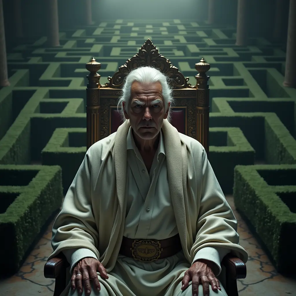 تظهر الصورة رجلاً مسناً يُدعى إدموند رافنشتاين، يقف بملامح صارمة أمام متاهة كبيرة معقدة. وجهه بارد وخالٍ من التعبير، مع ملامح حادة تدل على تقدم العمر. شعره أبيض
طويل ومسرح إلى الخلف، ويرتدي عباءة أو رداء طويل فاتح اللون، مما يضفي عليه حضوراً مهيباً. في الخلفية يظهر قصر أوروبي كبير تحيط به حدائق متناظرة، لكن في هذا الوصف، نتخيله بدلاً من ذلك جالساً على عرش عظيم. العرش مزخرف بدقة، محفور عليه نقوش معقدة، ويقع في غرفة مظلمة واسعة، مضاءة بإضاءة خافتة تضفي جواً غامضاً وأشبه بالرهبة من حوله. جلسته مستقيمة، تنضح بالقوة والسيطرة، ونظراته الثاقبة لا تزال ثابتة، مما يعزز صورته كقائد شديد الحزم والسيطرة.