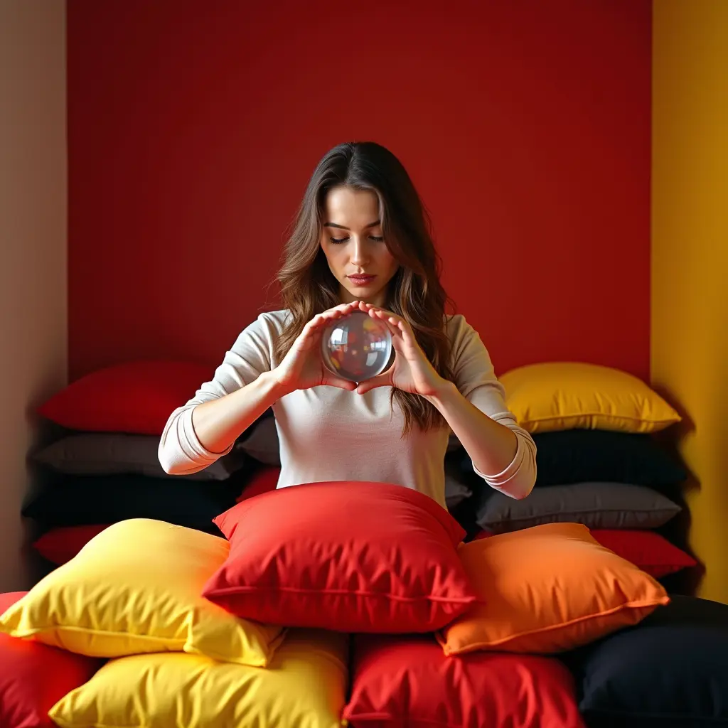 امرأة تقف أمام كومة من الملابس الملونة بدرجات الأحمر والأصفر والاسود، تحاول بكلتا يديها صد كرة شفافة صغيرة، عند مستوي صدرها تماما. تعابير وجهها تعكس الاصرار والتصميم. الغرفة في الخلفية مصممة بدرجات الأحمر والأصفر، مع إضاءة طبيعية تبرز تفاصيل الملابس المكدسة والغرفة. الجو العام يوحي بحيوية وديناميكية، مع تباين واضح بين ألوان الملابس والخلفية، مما يضفي عمقاً واقعياً على المشهد.