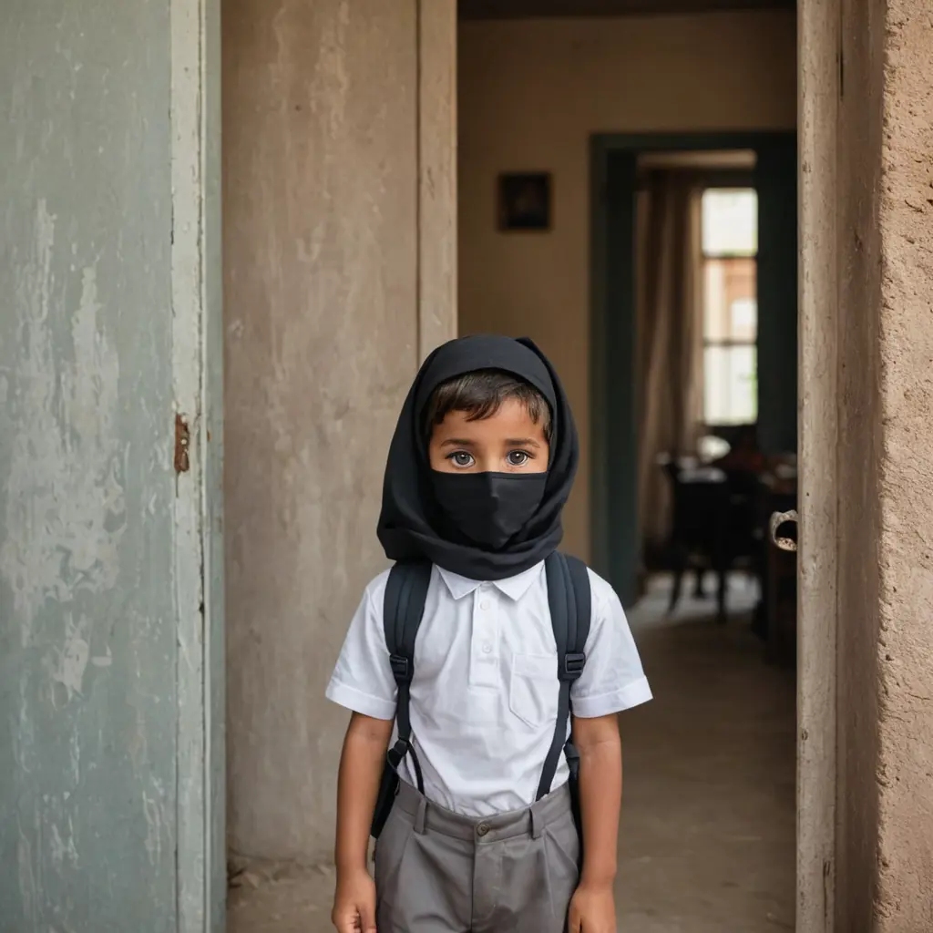 طفل وجه مدور وعينين واسعتين سوداوين وشعر قصير يرتدي زي المدرسي شميز ابيض وبنطلون رمادي وشنطه ظهر، تظهر على وجهه علامات الحماس لاكتشاف عالم المدرسه لانه اول يوم له فيها وفي نفس الوقت هناك نظره من الترقب والقلق على المستقبل ومن خلفه تظهر امه جالسه على كرسي على راسها نقاب يغطي نصف شعرها وفي يدها فنجان القهوه تنظر الى الولد وهو خارج من الباب البيت المطل على شارع طيني به اشجار