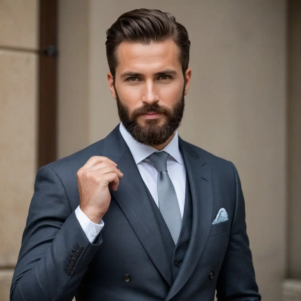 رجل في الخامسة والثلاثين من عمره، يتمتع بجاذبية لافتة وجمال هادئ.، يضفي عليه مظهراً ناضجاً وجذاباً، ولديه لحية طويلة كثيفة ومرتبة بعناية، تمنحه مظهراً مهيباً وأنيقاً. ملامحه متناسقة، عيناه مشرقتان وتعكسان الثقة والذكاء. قوامه متناسق وطوله متوسط، ويتميز بأناقة كلاسيكية تعزز من حضوره الملفتأريد شخصية بلحية كثيفة وممتلئة، منظمة ومشذبة بعناية لتكون بمظهر أنيق ومرتب."