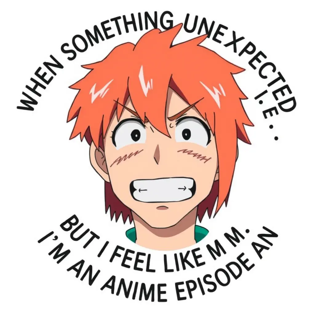 "Create a funny meme featuring a famous anime character with a funny or sarcastic expression. The background should be completely white. The text should be arranged in a circular shape around the character, with all letters in uppercase. The top text should say: 'WHEN SOMETHING UNEXPECTED HAPPENS IN LIFE...' and the bottom text should say: 'BUT I FEEL LIKE I'M IN AN ANIME EPISODE!' The font should be professional, playful, and colorful."أن تكون في دائرة مع أحرف رائعة بالألوان