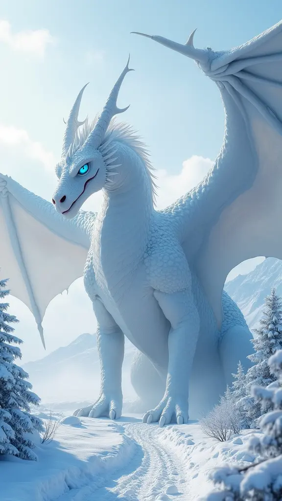 تخيل تنينًا ضخمًا بلونه الثلجي النقي، يكاد يندمج مع الطبيعة الشتوية حوله. عيونه زرقاء متجمدة تلمع كالألماس، وكل من ينظر في عينيه يشعر بالرعب البارد يتسلل إلى قلبه. جناحاه ضخمان ومغطيان بقشور ثلجية تعكس أشعة الشمس، مما يجعله يبدو أكثر إثارة للرعب.
عندما ينفث هذا التنين، فإنه يطلق عاصفة ثلجية مدمرة، مما يجمد كل شيء في طريقه، حتى الأشجار تتكسر من البرودة القارصة. أصوات الرياح القوية تصاحب نفثه الجليدي، مما يجعل الهروب منه شبه مستحيل.
وجود هذا التنين في المناظر الطبيعية الباردة يضيف طبقة من الغموض والخوف على الطبيعة المحيطة به، ويصبح رمزًا للرعب والرهبة في تلك الأراضي الثلجية.