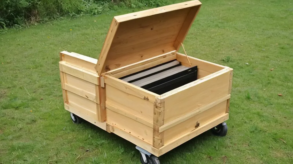 صندوق بطول 120سم وعرض20 سم وارتفاع 15 سم وداخله صندوق بطول 115 سم وعرض 18 سم وارتفاع 14 سم لكنه مفتوح من الجهه اليمنى لغرض عمل تنظيف لخلية النحل ولديه عجلات لغرض السحب كيث يكون الصندوق الداخلي قابل للسحب ثم اجعل الصندوق الداخلي مسحوب الى الخارج