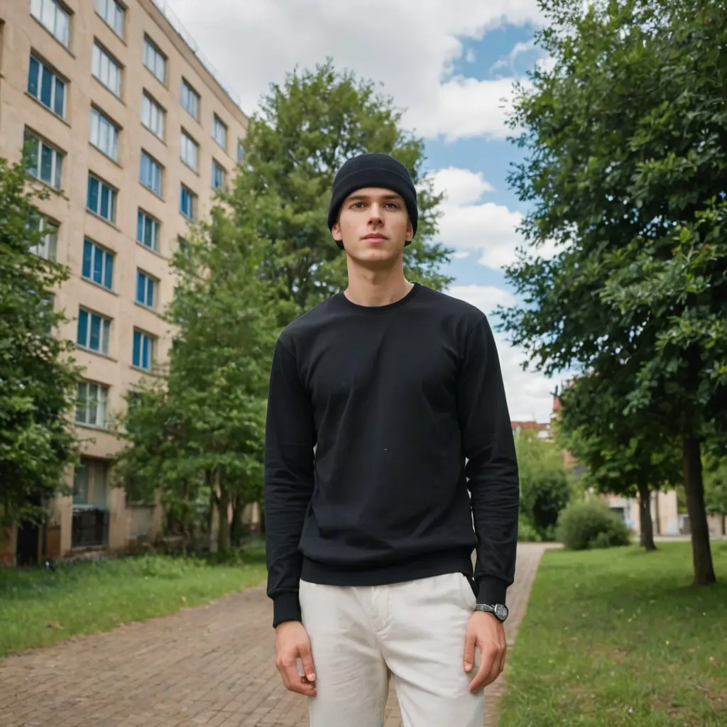 صورة تظهر شخصًا يقف في منطقة خارجية أمام مبنى. الشخص يرتدي قميصًا أسود بأكمام طويلة وسروالًا أبيض. الشخص يرتدي ساعة في معصمه الأيسر وقبعة على رأسه. في الخلفية، يظهر مبنى بلون بيج مع نوافذ زرقاء، وبعض الأشجار والنباتات الخضراء. السماء في الخلفية مغطاة ببعض الغيوم.