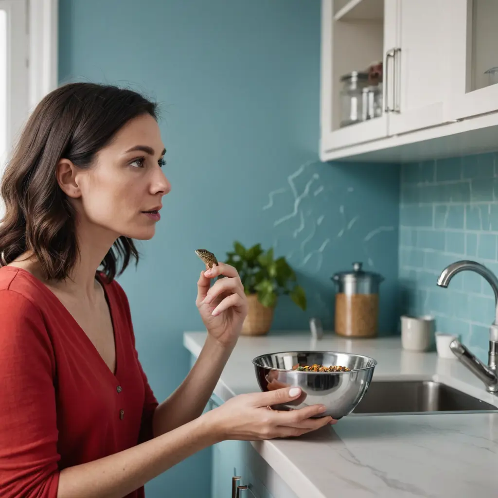 "صورة حقيقية للغاية لشابة في الثلاثينيات من العمر داخل مطبخها، تمسك بإناء من الاستانلس اللامع بيدها اليسرى ويبدو عليها الزعر الشديد وهي تنظر الي برص صغير يتسلق الجدار. تعبيرات وجهه توحي بالتركيز والتوتر، وكأن الموقف يتطلب انتباهًا حذرًا. مطبخ يحتوي على رخامة عليها بعض الفواكه البسيطة وطاولة قهوة باللون الازرق والاحمر مع بعض الزخارف الخفيفة باللون الازرق، ويتخلل المكان إضاءة طبيعية من نافذة قريبة، مما يُضفي إحساسًا دافئًا ومريحًا للبيئة. جدران الغرفة بملمس خفيف، ما يعكس تفاصيل الحياة اليومية لهذا المشهد المألوف والمثير للضحك."