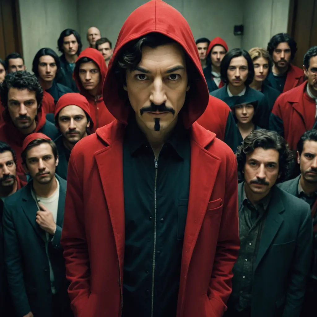هذه الصورة هي ملصق ترويجي لمسلسل "La Casa de Papel" (المعروف أيضًا باسم "Money Heist") من إنتاج Netflix. يظهر في المقدمة شخصية "البروفيسور"، وهو يمسك بقناع سلفادور دالي الشهير الذي يرتديه أفراد العصابة في الأحداث. مما يرمز إلى باقي أعضاء العصابة. باقي الأشخاص بالأقنعة، وفي غرفة مضلمة بألوان أزرق و احمر شخص واحد في الصورة. نفس الصورة لاكن وجه الشخصية مغيرة