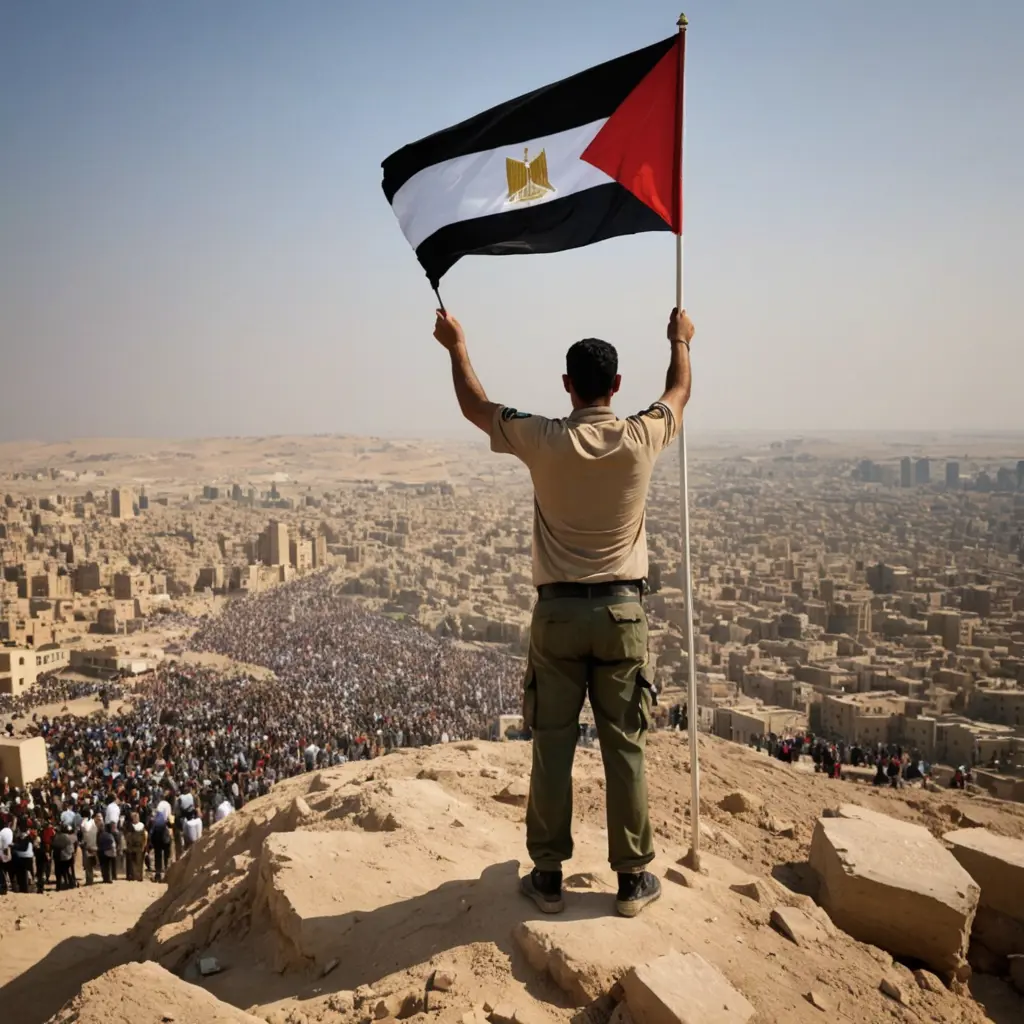 ارسم صورة لرجل مصري معضل يرفع علم مصر ويقف علي قمة تحتها جثث الجيش الاسرائيلي في ٦ اكتوبر