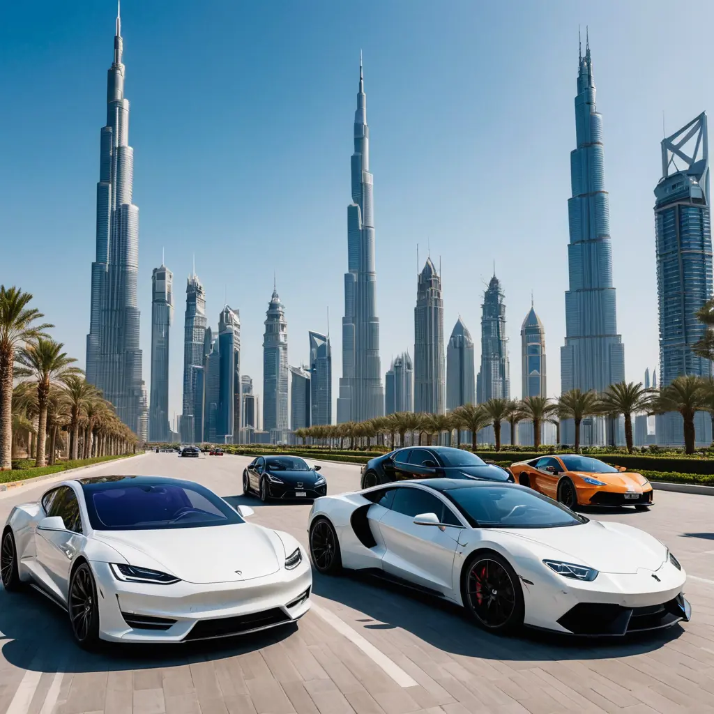 عايز صورة ل سيارة Tesla model y، و سيارة بوجاتى شيرون، و سيارة لامبورجينى افانتادور، و سيارة مرسيدس g class، يركنون فى الطريق امام برج خليفه، السيارات تكون قريبه من الكاميرا وتكون السماء مشمسه، الصورة تكون على ارتفاع 150 سنتيمتر من الارض، السيارات تكون بجوار بعض