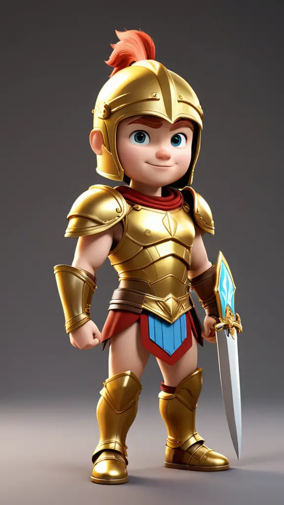 Create a cute young hero Achilles (DC). Detail his golden armor, sword, shield, helmet. Full body. 3D Pixar style. Made his outfit like the original comic. 3D Pixar stylized style. Make him young cute like as kid in 3D Pixar animation and show full body.
