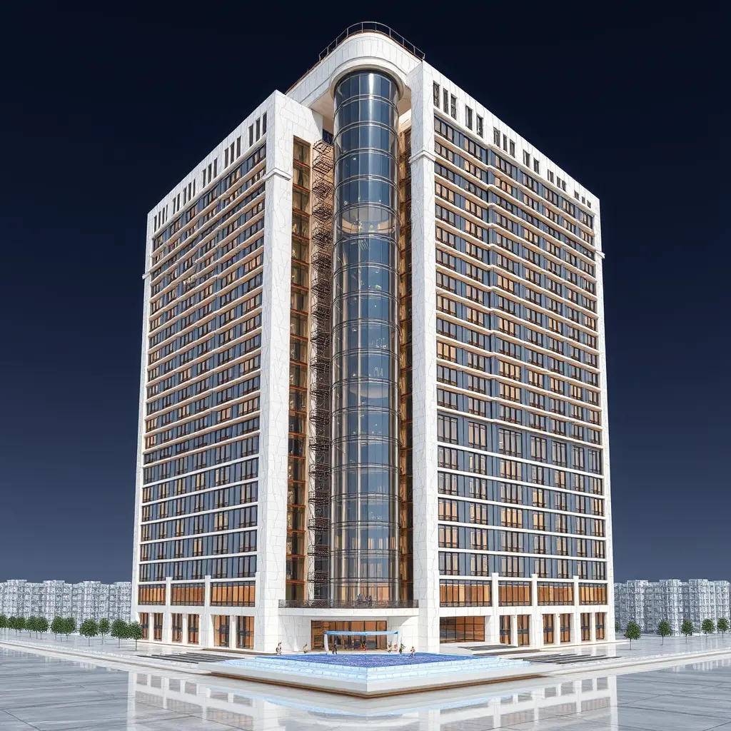 مبنى يتكون من اربعين طابق طوابق على شكل مربع احدى زواياه مقعرة الى الداخل على شكل نصف دائرة ويملأ هذا الفراغ برج مساوي له بارتفاع ملحق بهذا المبنى ومساحة بنائه عشرة ألاف متر مربع والمبنى مصنوع من الرخام الابيض العصري والبرج من الزجاج اللامع والبرج على شكل اسطوانه