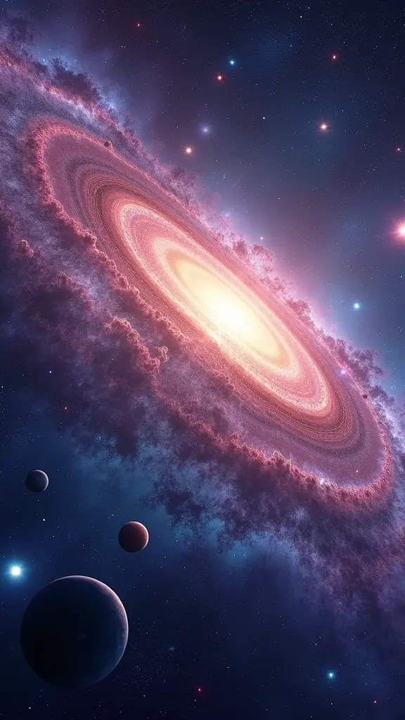في الخلفية، تتناثر مجرات حلزونية ضخمة بألوان رائعة، مثل الأزرق الفاتح والأرجواني اللامع، أذرعها اللولبية تمتد عبر الفضاء مثل شرائط من الضوء المتوهج. سحب غازية كونية ضخمة تضيء باللون الوردي والبرتقالي تتدفق بين الكواكب، بينما تعبر نيازك ملونة الأفق، تاركة مسارات ضوئية براقة. النجوم الصغيرة تلمع بكثافة، تضيء السماء وتضفي إحساسًا عميقًا بالاتساع والغموض في هذا الكون اللامحدود.