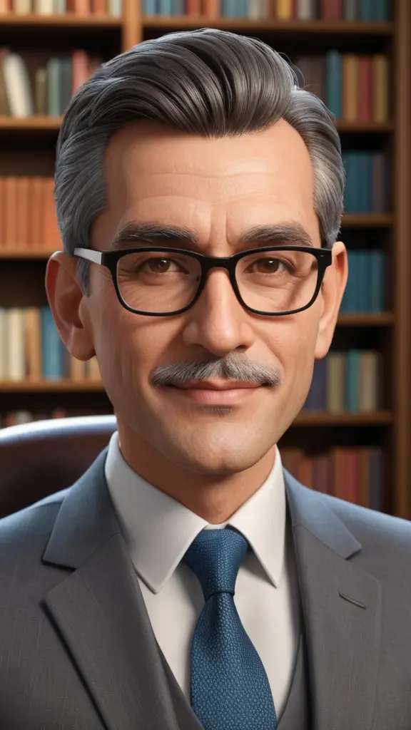 Create a realistic 3D cartoon image of a wise, dignified man who appears dignified and dignified. His face features the features of a wise, middle-aged wise man, sitting in a chair with a desk in front of him and a library behind him, handsome, small-mouthed, with a short hairstyle, white beard, glasses, lean muscles. , wearing a suit, black hair and brown eyes, smiling, T-Show shape on the shirt