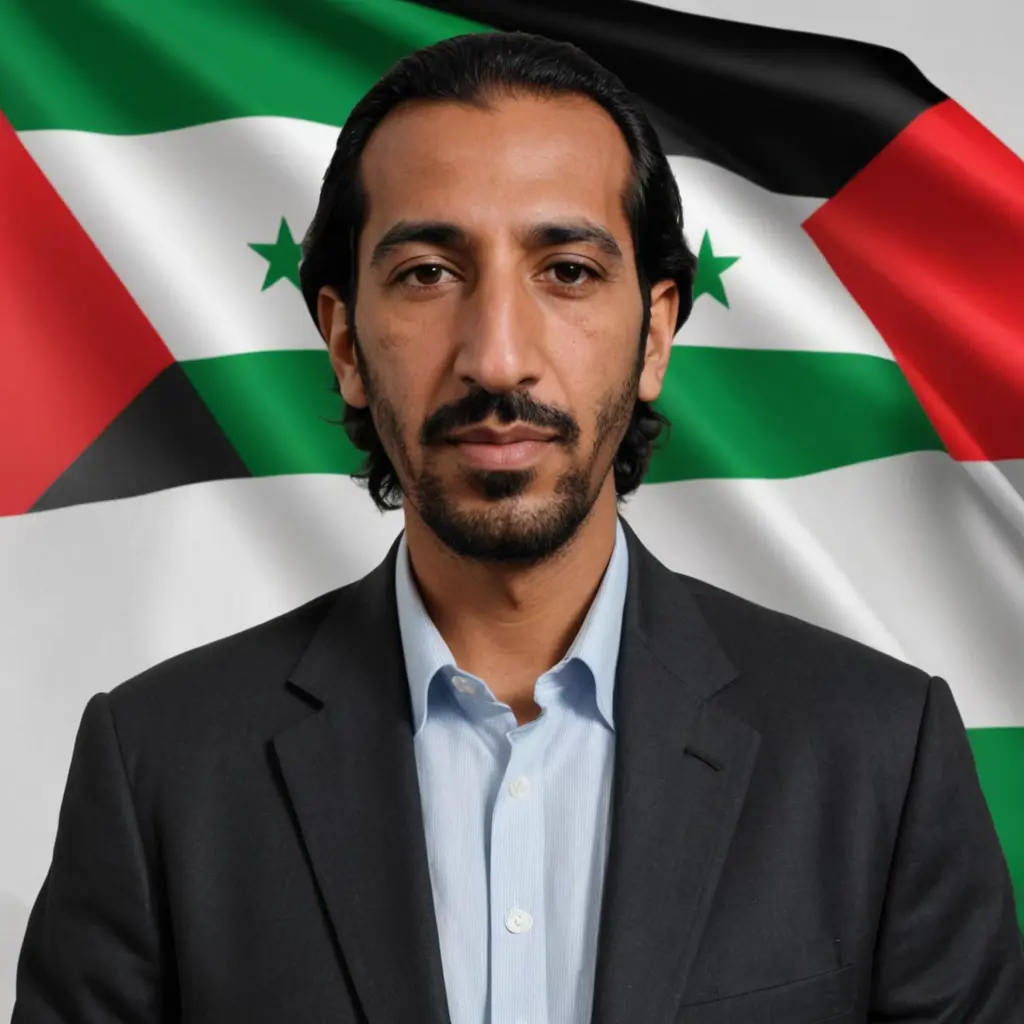 صورة لعبدالباسط الساروت مع خلفية علم الثورة السورية و علم فلسطين