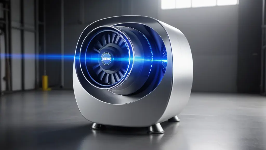 Create a sleek, high-tech background for a turbo air compressor product. The scene should include metallic textures with subtle gradients in shades of silver, gray, and blue, giving an industrial feel. Add faint elements like flowing air particles, light beams, and soft shadows to emphasize speed and airflow. Use abstract gear-like patterns or mechanical details in the background, slightly blurred, to maintain focus on the product without overpowering it. The lighting should be dramatic, casting a soft glow around the central area where the product will be displayed, highlighting a sense of power and efficiency.