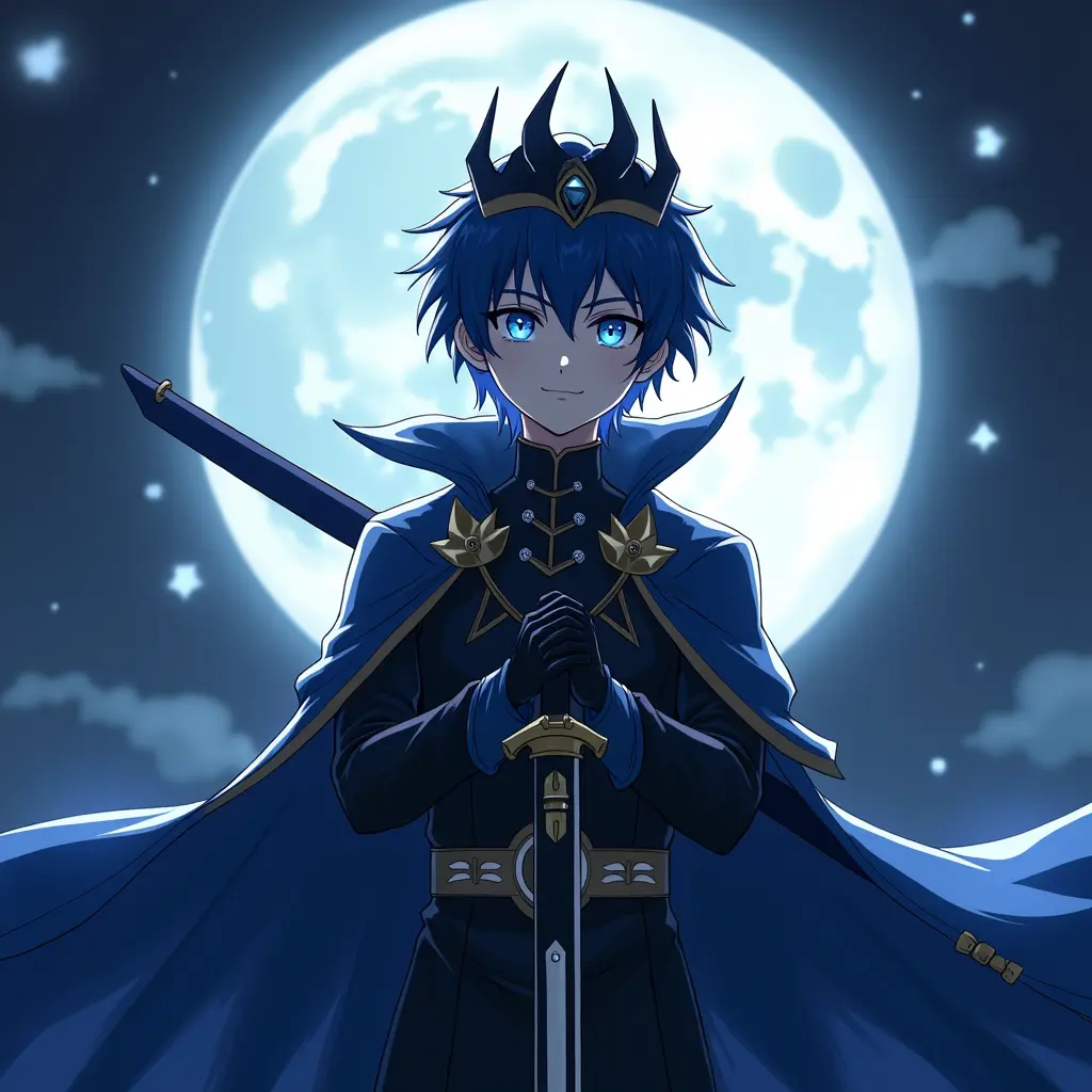a teen anime character with dark blue short hair and he has blue eyes it wears a dark crown that has a black diamond in it he wears a godly suite with huge cape and he has a huge magical power between his hands and he has a dark Smoky aura around him and he is standing is a back while holding a sword position in a moonlight background