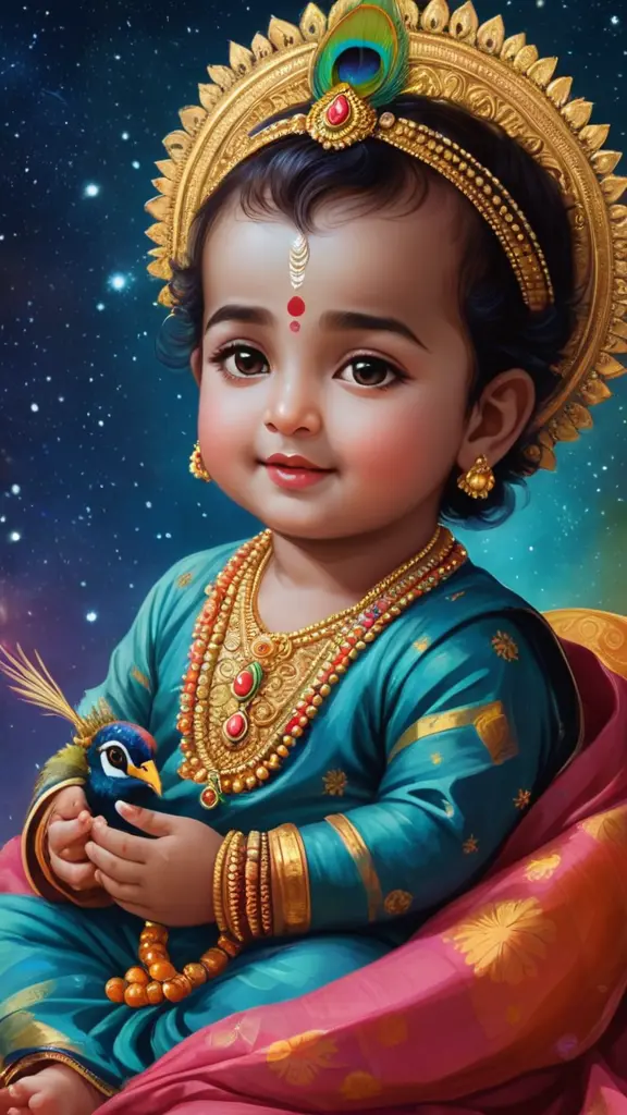 Create an anime-style image of Baby Krishna, adorned with a peacock feather, seated playfully on Yashoda's lap. His mischievous eyes sparkle as he opens his mouth wide, revealing a miniature universe filled with vibrant galaxies, stars, and planets. Yashoda, a loving maternal figure, gazes at Krishna with a mix of awe and amusement.
Use a warm color palette to create a cozy atmosphere, and incorporate traditional Indian elements into the background. Ensure accurate human proportions and avoid any deformities. The universe within Krishna's mouth should be visually stunning and detailed, showcasing the cosmic wonder of the divine child.