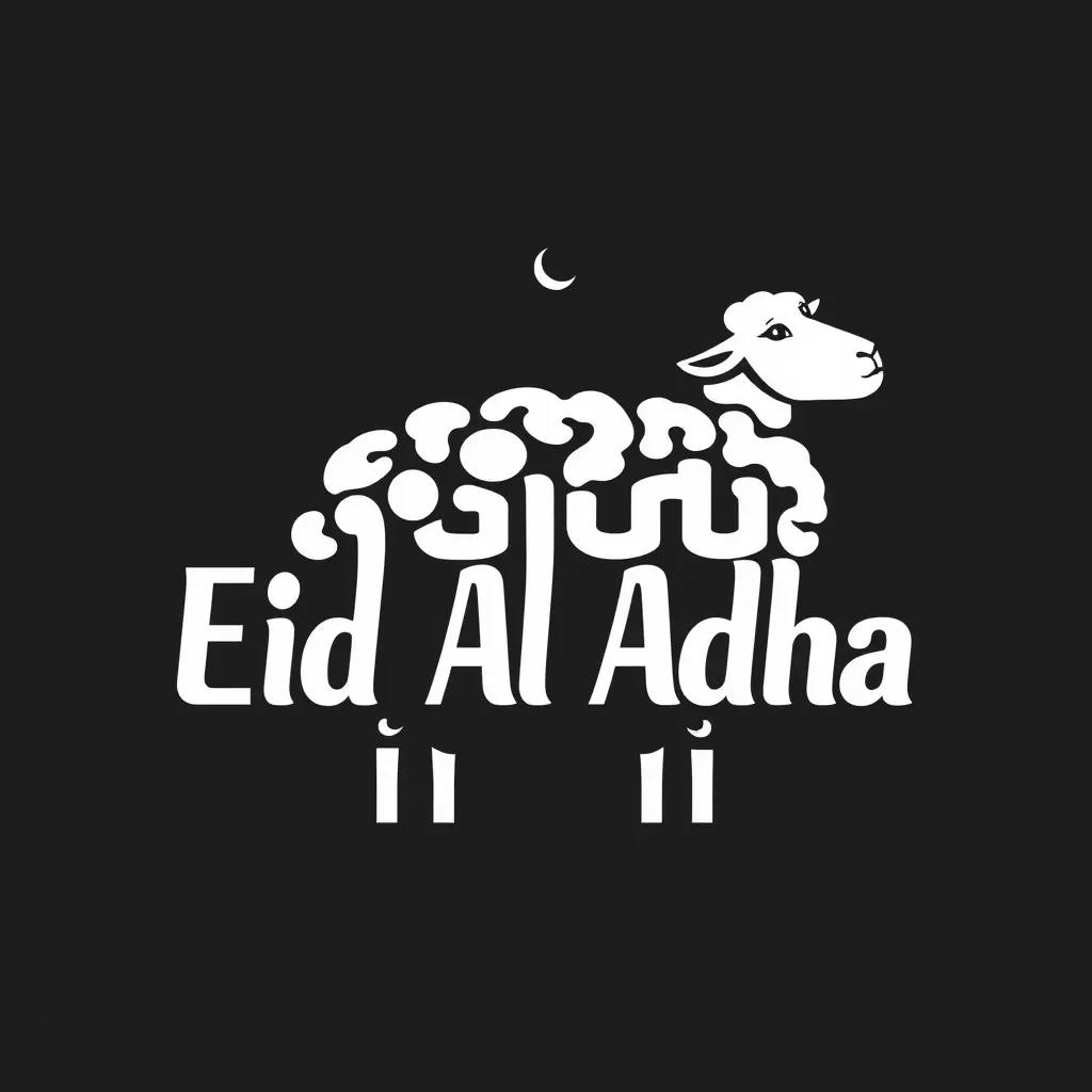 Here's the English prompt for your Eid Al-Adha sheep design:
A vector illustration of a modern logo featuring the words "Eid Al Adha" seamlessly integrated into a stylized sheep design. The typography forms the sheep's body and woolly texture with a bold, elegant font, with clean white lettering that flows smoothly to create the sheep's silhouette while maintaining perfect readability. The sheep's head faces upward with gentle, warm eyes, positioned confidently with curved horns. A subtle crescent moon and star symbol is positioned directly above the sheep to represent Islamic tradition and celebration. The entire logo design is rendered in crisp white against a pure black background, creating a striking monochromatic contrast with sophisticated minimalist aesthetics. The composition is centered and balanced, with the text-formed sheep creating a harmonious blend of typography and symbolic imagery.