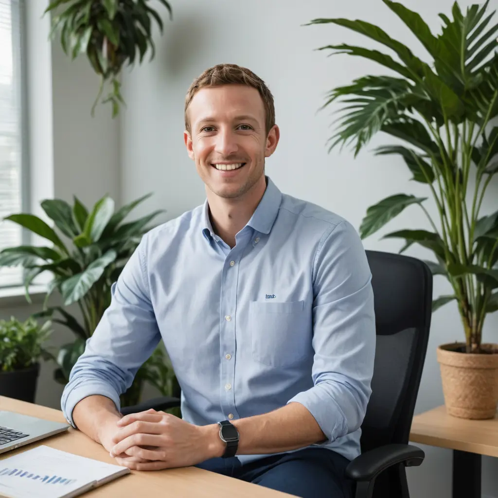 /imagine Create an avatar that represents a Facebook channel dedicated to personal development and growth. The avatar should be a person with a calm and confident expression, surrounded by elements symbolizing growth, such as plants, books, and light. Use a color palette of blue and green to convey tranquility and balance. In desk or analytics studio like a doctor without Facebook logo man proposition