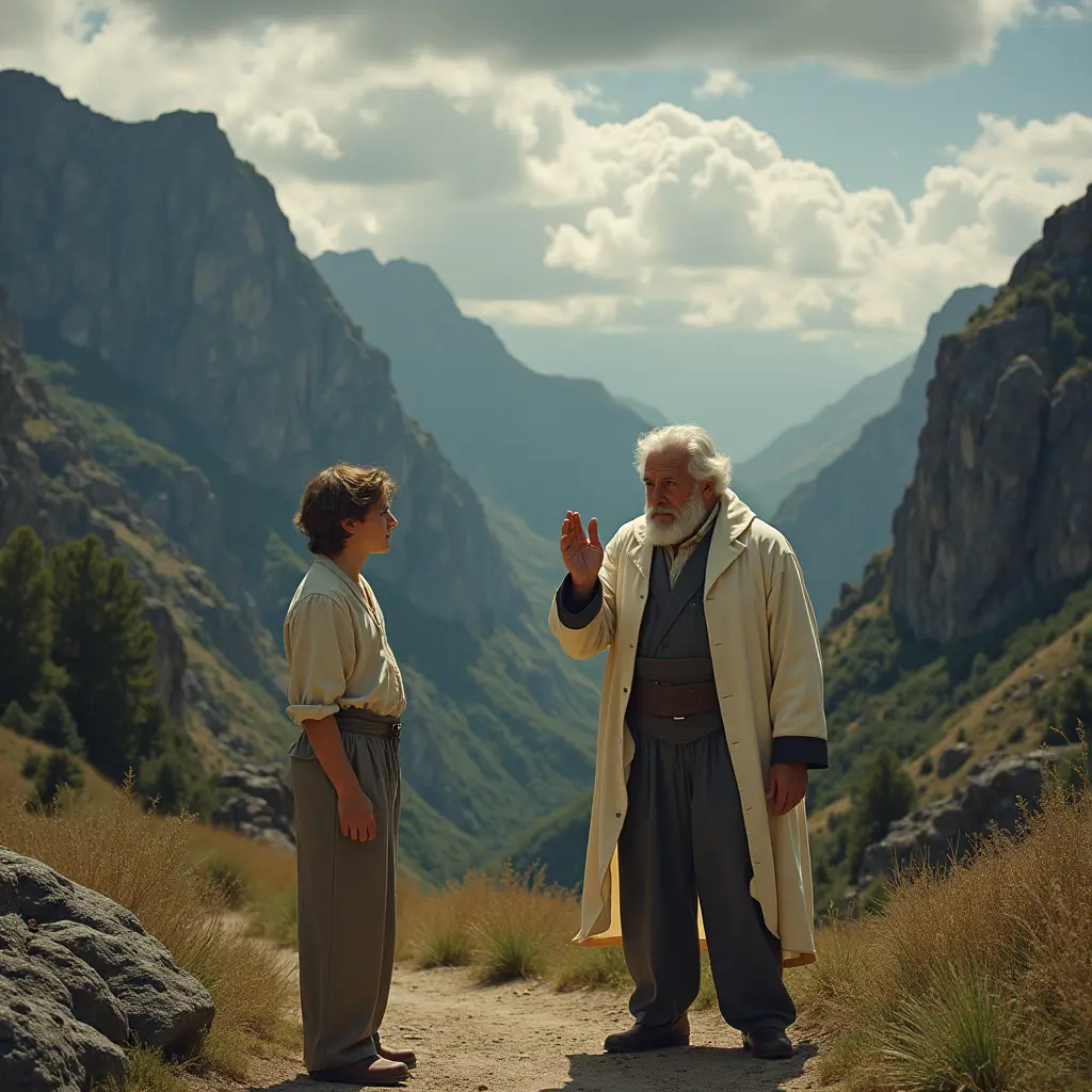 خلفية طبيعية تعكس التنقل المستمر، حيث تظهر جبال وعرة وسماء ملبدة بالغيوم، إشارة إلى رحلة كانديد الطويلة والمليئة بالمصاعب. في المقدمة، يظهر كانديد، شاب ببشرة بيضاء، ذو تعابير بريئة وملابس متواضعة، ينظر بتساؤل إلى الأفق. إلى جانبه، يمكن أن يظهر بانغلوس، يرتدي ثياب فيلسوف، يشرح فكرة التفاؤل المثالي بتعابير مفعمة بالثقة، بينما يلوح بيده. وفي الخلفية، يمكن أن نرى إشارات إلى مآسي مثل الحرب، والزلازل، أو العبودية، كل ذلك في انسجام مع التناقض الكبير بين فلسفة التفاؤل وما يراه كانديد في رحلته.
الألوان يجب أن تكون متناقضة؛ الخلفية القاتمة تعكس صعوبة الحياة، بينما الشخصيات تبدو مضاءة بشكل رمزي للإشارة إلى الأمل والفلسفة