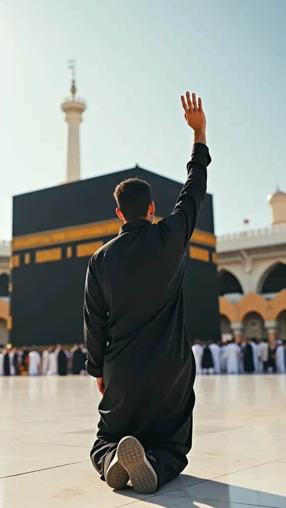 صورة رجل ساجد امام الكعبة ورافع يده الى سماء يدعو ربه شخص في صورة وحيد ويقابل الكعبة مياشرة