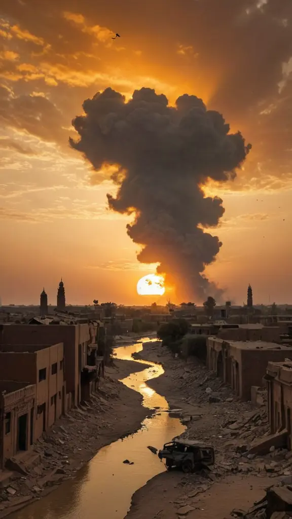 رسم سيلويت بطريقة فان جوخ لمدينة الخرطوم عاصمة السودان تظهر مدمرة من الحرب و القصف الجوي والبيوت متفرقة و مكسرة و الوقت المغرب وتظهر الطائرات الحربية في السماء والمدرعات على الارض ويظهر نهر النيل والكبري، السماء تميل الي اللون البرتقالي، قريب من الكاميرا رجل و امراة جميلة من السودان يمشيان لاتظهر ملامحهم بين حطام المنازل، السماء حمراء.