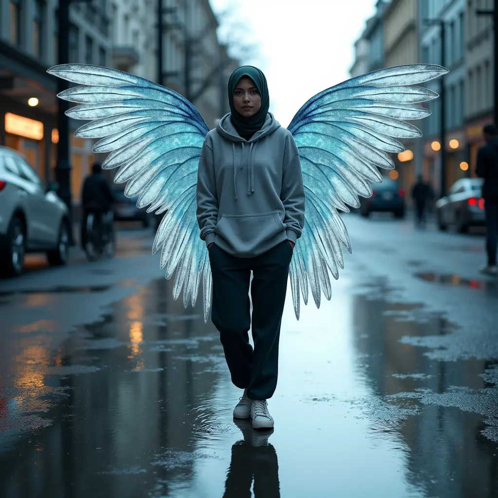 Create an image of a person with a water droplets wings, standing in the middle of a city street with a reflective water puddle beneath, giving the illusion of the wings emerging from the water. The person is wearing a modern hoodie and casual pants, with their face obscured by a hijab for an air of mystery. Add modifiers to enhance photorealism and incorporate dynamic lighting to emphasize the ethereal quality of the wings.