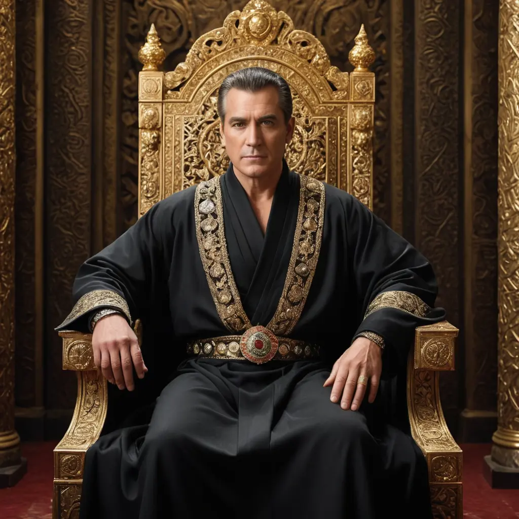 Edmund Ravenstein هو رجل طويل القامة، بملامح حادة وغامضة، وعينين ثاقبتين تعكسان ذكاءً خارقًا وسيطرة مطلقة. تعابيره هادئة وثابتة، لا تظهر أي خوف أو تردد. يرتدي رداءً داكنًا أنيقًا بتطريزات ملكية تعكس قوته وسلطته.
يجلس Ravenstein على عرشٍ ذهبي مصنوع من الذهب الخالص، مرصع بالجواهر النادرة التي تتلألأ تحت الأضواء. العرش مزين بنقوش مستوحاة من الحضارات القديمة، والجواهر الكبيرة تزينه من كل زاوية. الغرفة حوله مليئة بالتحف النادرة والقطع الفنية من حضارات قديمة، مما يعزز إحساس القوة والسيطرة المطلقة.