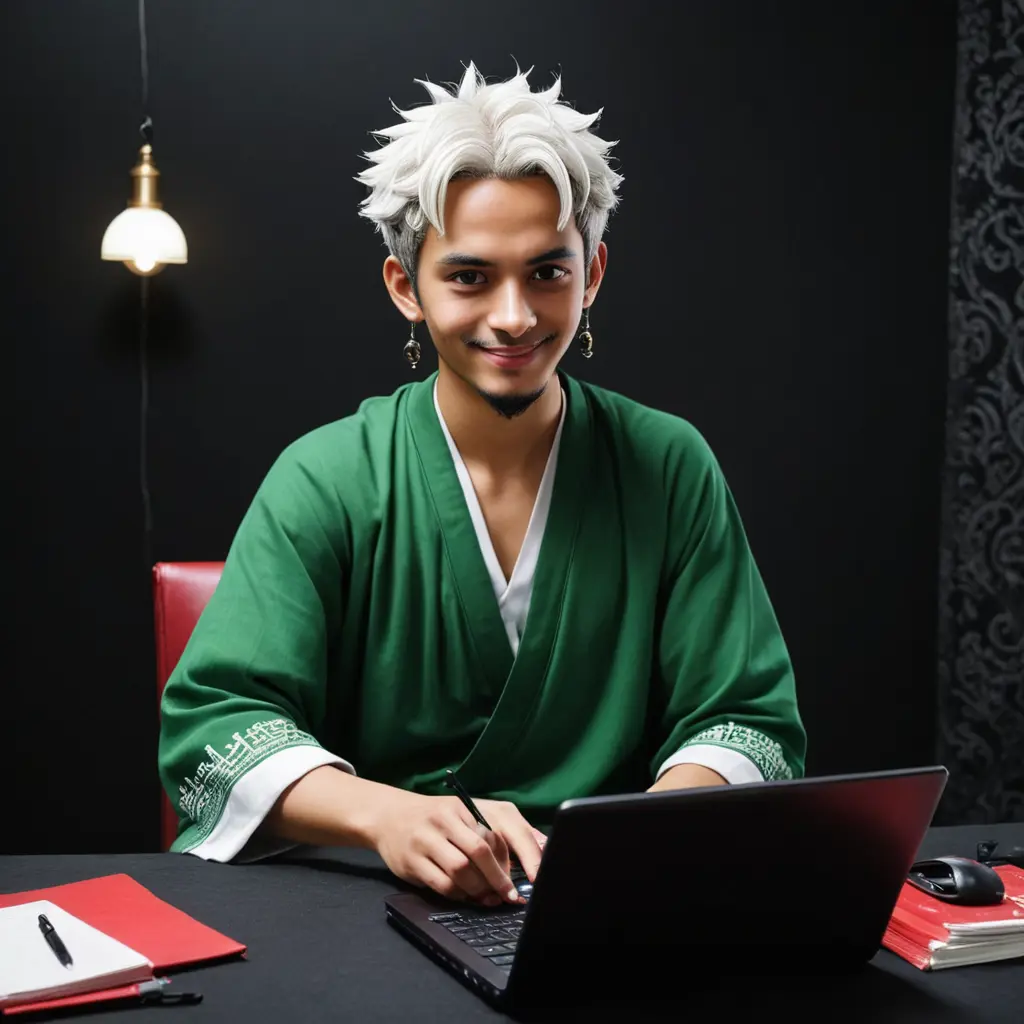 اريد صوره لهكر مبتسم في غرفه سوداء ولديه لابتبو احمره ووهو يشتغل واريده مغطى الوجه وهو يلبس لباس سعودي ولديه شعر ابيض وهو حزين ولديه خمس اصابع واهو اهبل وهو يلبس ثوب يمني وجنبيه وهو يكتب اوامر هكر وهو في غرفه واسعه ولونها خضراا وهو لوفي ون بيس وهو بعد 50 سنه في تطور